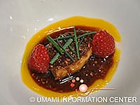 Escalope de Foie Gras Poele, Senteur de Combawa et Poivre Sansho Sauce Anguille Caramelise a la Framboise, Coulis de Mangue au Yuzu by Chef Tadashi Yabe